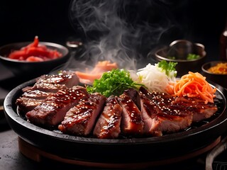 Steaming Plate of Glazed Meat with Asian Sides