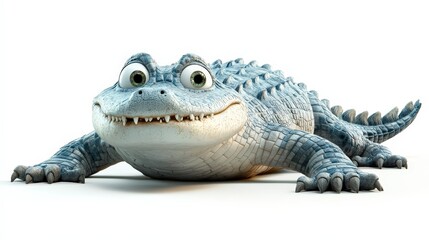 Fototapeta premium A meticulously crafted 3D render captures an alligator lounging gracefully on its side, head subtly angled left, mouth ajar to display razor-sharp teeth. Its striking contrast against a lush backdrop 