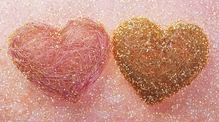 Fototapeta premium Two Glittery Hearts on Pink Sparkling Background