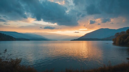 Tranquil Lake Reflection at Sunrise with Dramatic Clouds and Colorful Sky Over Mountainous Landscape in Nature Setting