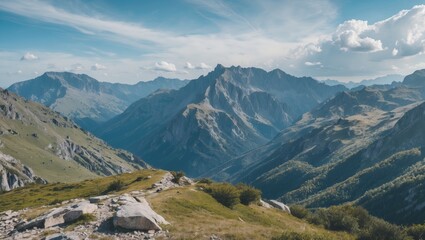 Fototapeta premium Breathtaking Mountain Landscape with Expansive Sky and Empty Space for Text or Overlay