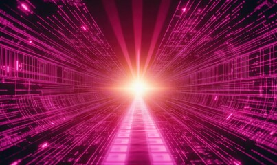 Obraz premium Abstract digital tunnel of vibrant pink and purple light beams converging towards a bright center