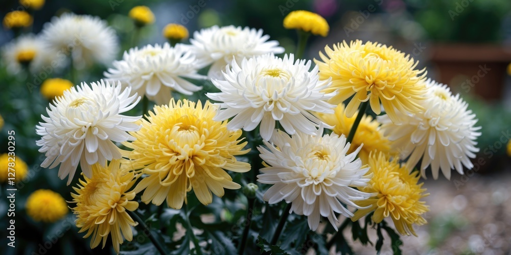 Poster charming white and yellow chrysanthemum flowers in a vibrant garden setting with a soft blurred back