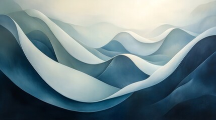 Abstract waves of various shades of blue and white are displayed