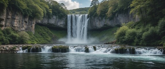 Fototapeta premium Majestic Waterfall Cascading Into Serene Pool Surrounded By Lush Greenery And Clear Blue Sky Ideal For Nature-Themed Projects