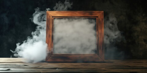 Empty wooden frame surrounded by mysterious smoke on rustic table