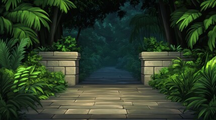 Serene pathway through lush greenery leading into a tranquil forest setting at dusk