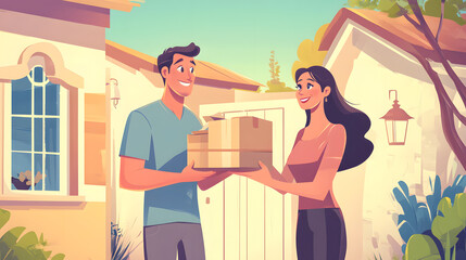 A man is handing over a package to his wife in front of their house
