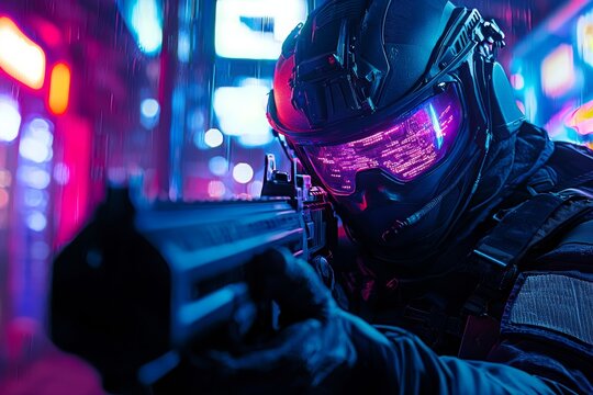 2050 GIGN Operator in Anti-Gravity Armor, Plasma Rifle in Futuristic Paris with Holographic Advertisements