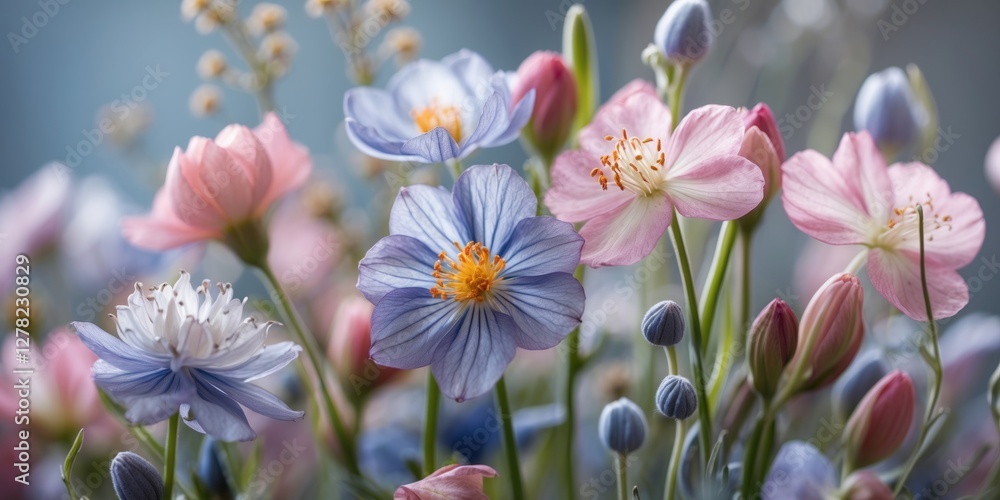 Poster delicate pastel flowers in soft focus with vibrant colors and space for text creating a serene and i