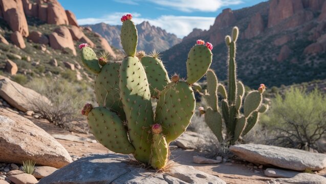 Beavertail prickly pear cactus in mountainous desert landscape with vibrant flowers highlighting natural wildlife and empty space for text or design.