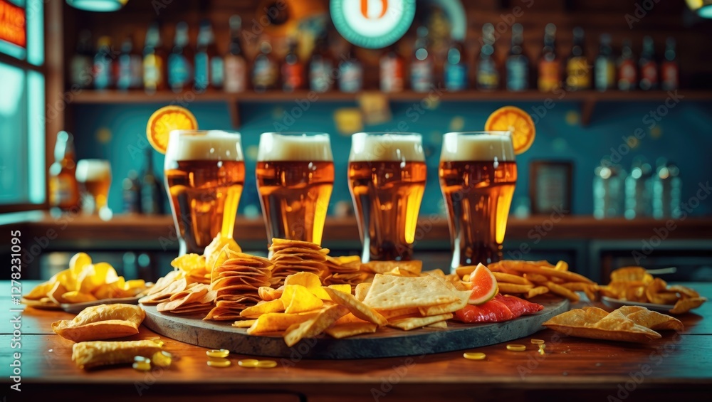 Poster tasty beer snacks selection with craft beers and appetizers on wooden platter against bar background