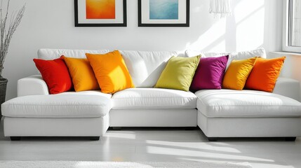 Modern White Couch with Colorful Cushions in Bright Living Room