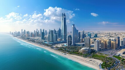 Obraz premium Stunning View of a Modern City Skyline by the Beach at Sunset