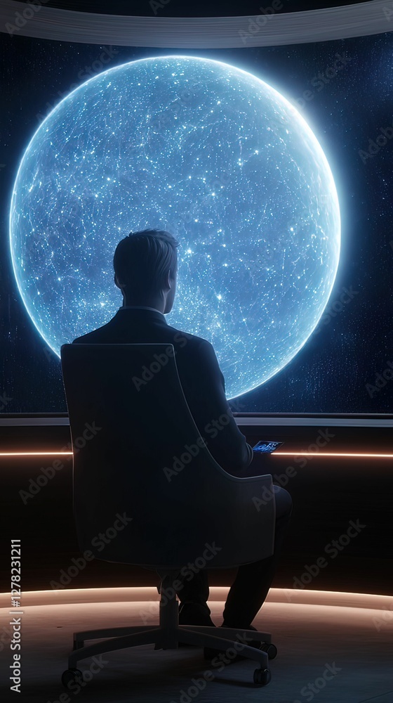 Poster futuristic remote workspace with voice-controlled lighting outer space view digital cosmic environme