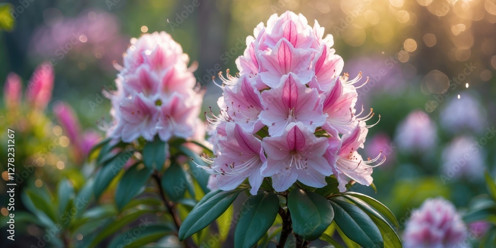 Poster vibrant rhododendron blooming in botanical garden capturing the essence of spring with soft light an