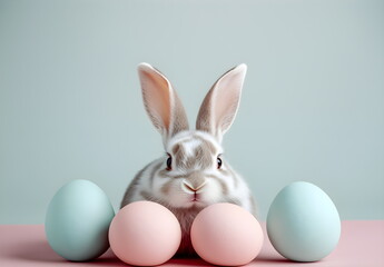 Obraz premium Gray spotted Easter bunny with colorful blue and pink Easter eggs on gray-blue pastel background. Easter egg hunt concept. Easter decorations and fluffy animals. Studio photo. Copy space.