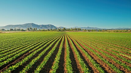 Green Agricultural Field Under Clear Blue Sky with Mountain Background