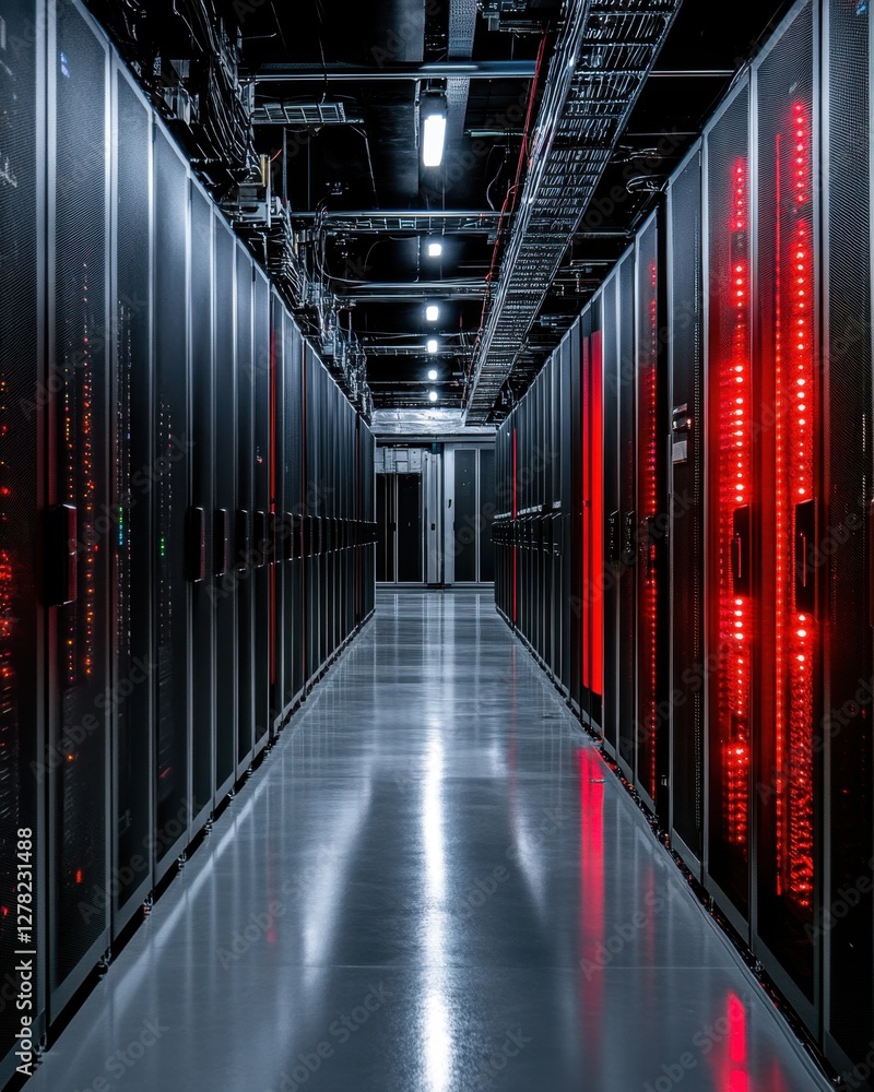 Poster server room interior with rows of data storage racks and red lights in a dark environment with cable