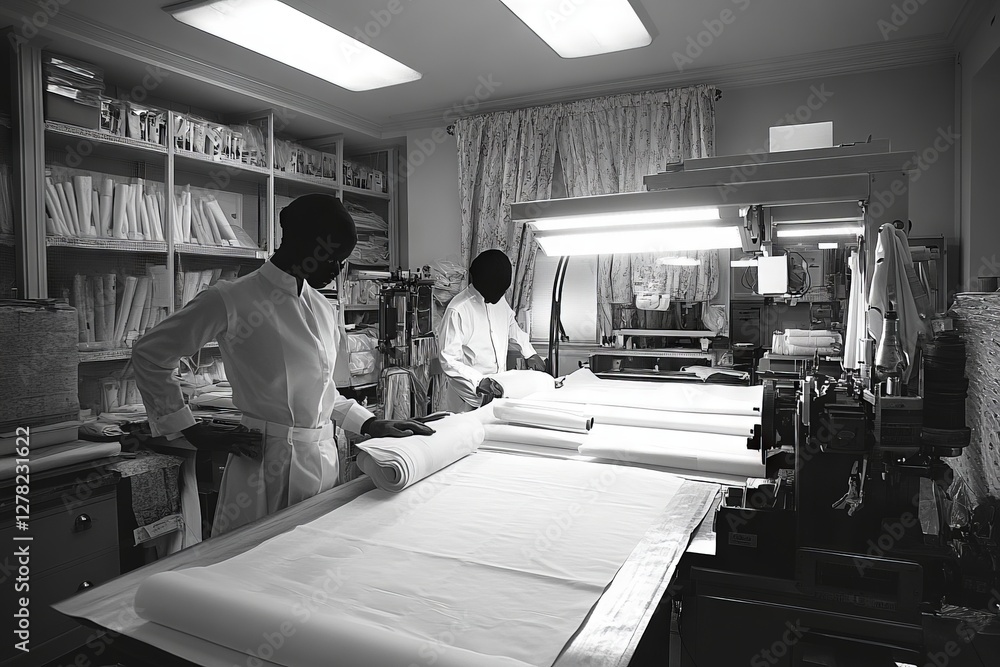 Poster tailors working diligently in a well-lit textile studio during the day while preparing fabric rolls 