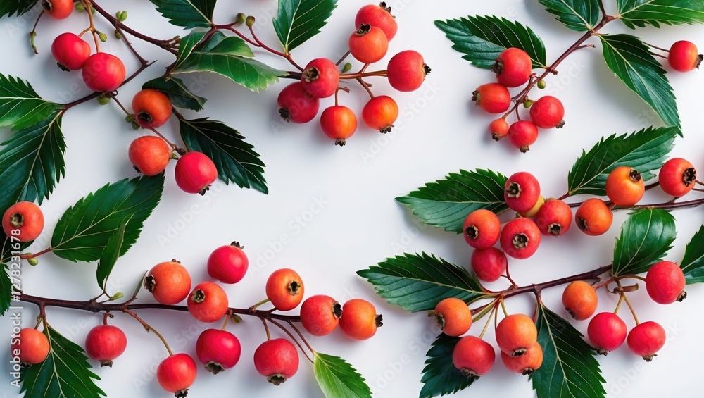 Poster fresh berries and green leaves arranged on white background with blank space for text and design ele
