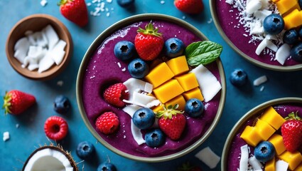 Vibrant Berry Smoothie Bowls Topped with Mango Coconut and Fresh Berries on a Blue Background Healthy Vegan Breakfast Concept