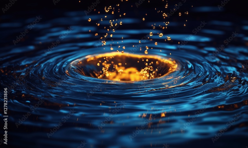 Poster dynamic water splash with glowing droplets creating ripples in dark background