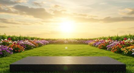 Obraz premium Black granite product display podium in green room with grass flowers and sunshine background