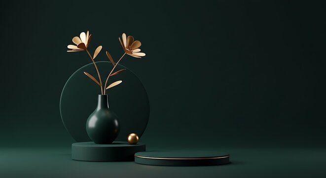 Abstract geometric shape dark green color minimalistic scene with podium, vase and gold flowers. 