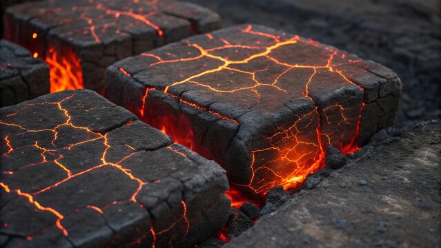  Glowing charcoal embers in square blocks, emitting heat and light. - Powered by Adobe