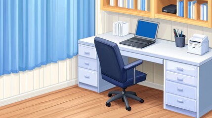 Modern home office setup featuring a desk, laptop, and organized workspace with blue curtains