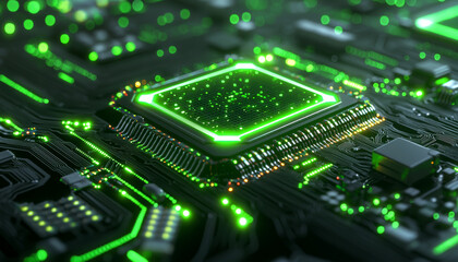 Fototapeta premium High tech circuit board with glowing green elements and microchip design
