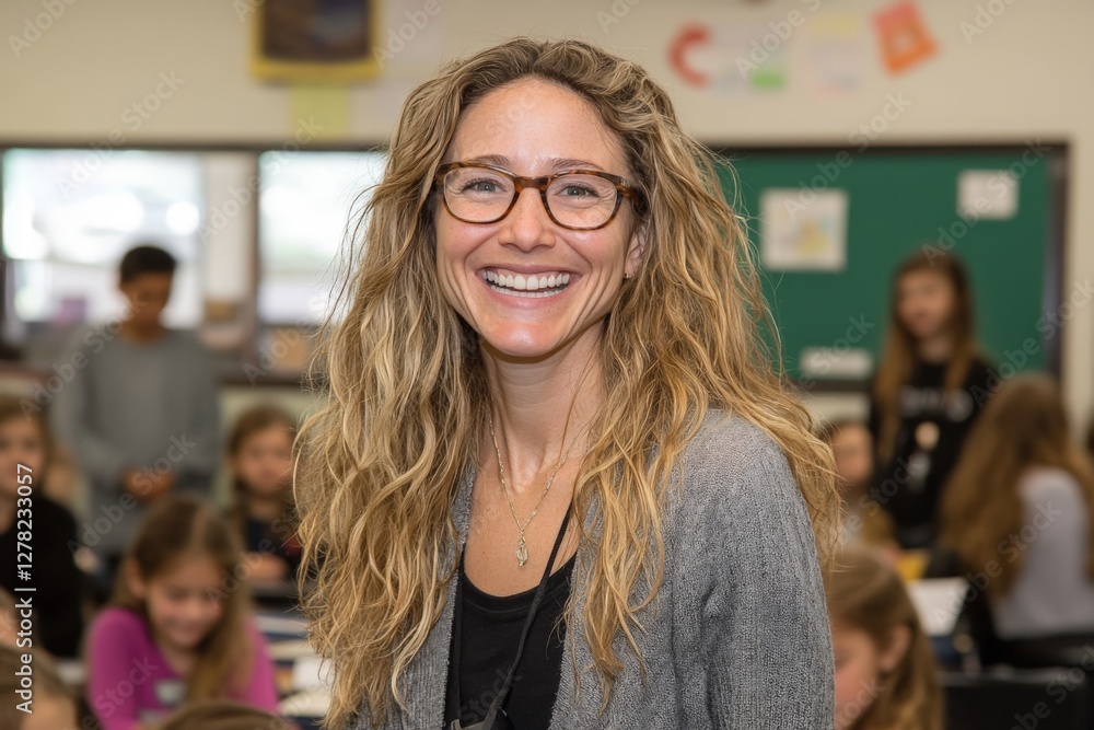 Poster Teacher smiles warmly in classroom filled with engaged students during an interactive learning session