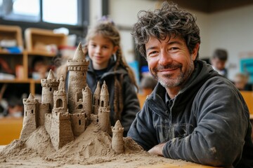 Experienced artist creates detailed sandcastle with child in a creative workshop setting