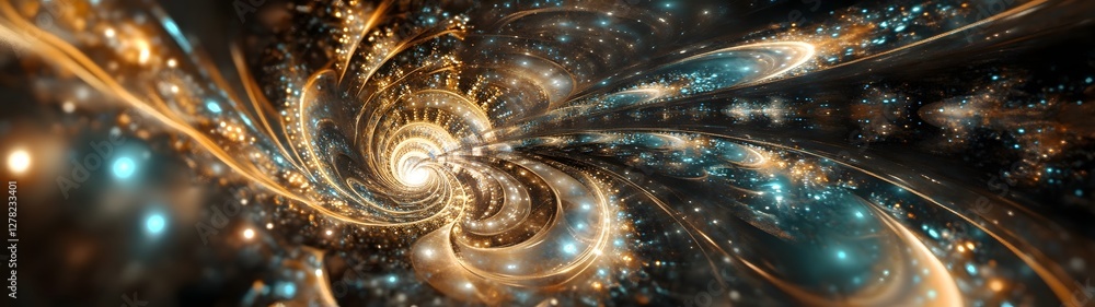 Poster Mesmerizing Cosmic Spiral Vortex of Vibrant Lights and Glowing Digital Energy Bursting Through the Fabric of the Universe  Abstract futuristic space time continuum fractal with dynamic motion
