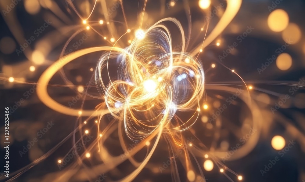Poster abstract representation of atomic particles interacting with glowing energy in a cosmic background