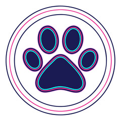 Naklejka premium Glowing Neon Dog Paw Icon, Futuristic Pet Symbol, Modern Animal Print, Isolated Transparent Background, Cyberpunk Style, Digital Illustration, Pet Care Logo, Veterinary Design, Tech-Inspired Graphic