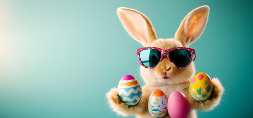 Easter bunny in sunglasses holding colorful easter eggs, hipster style, blue background. Easter egg hunt concept. Easter costumes and furry animals. In fashionable glasses. Copy space.