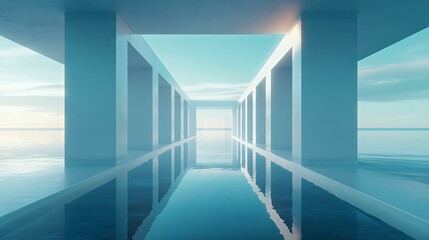 Obraz premium A serene architectural scene featuring a vast infinity pool reflecting minimalist white structures against a tranquil blue sky.