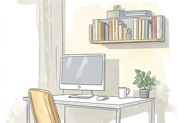 Modern Home Office Workspace With Computer and Books