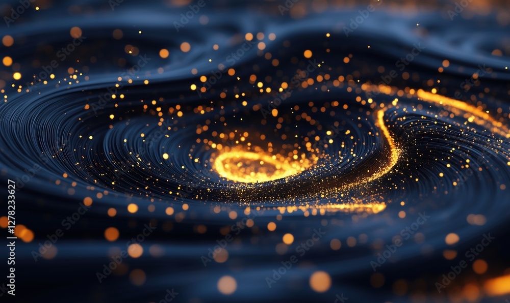 Poster abstract swirling patterns with glowing orange particles on dark background