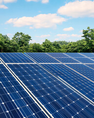 Solar panels under bright sky, showcasing renewable energy technology