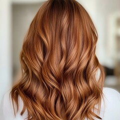 Naklejka premium Beautiful, soft waves of vibrant copper hair shining in light, showcasing a modern hairstyle in a bright, stylish environment.