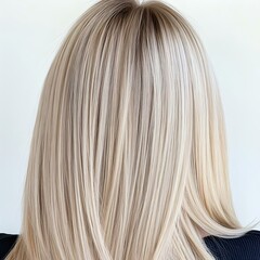 Fototapeta premium Stylish long blonde hair with smooth, shiny strands against a neutral background, perfect for beauty and fashion themes.