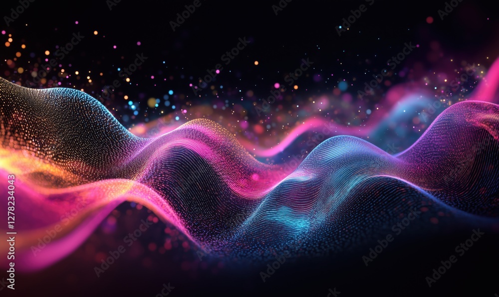Poster colorful abstract wave patterns with glowing particles in dark background