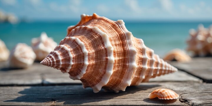 Close-up of a large conch shell on a wooden table with a beach background, evoking the essence of a relaxing seaside vacation.