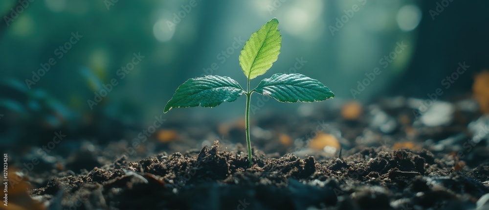 Poster tender sprout emerging from earth symbolizing new beginnings growth and hope in a serene forest sett
