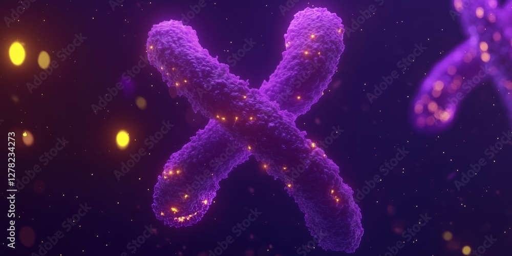 Poster 3d rendering of purple chromosome structure with glowing particles in dark background