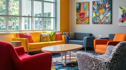 Colorful and Bright Modern Lounge Area with Artistic Decor Elements
