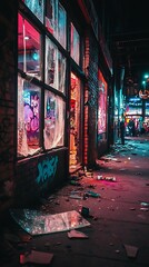 Fototapeta premium Broken storefront, neon glow, urban night, debris littering the sidewalk